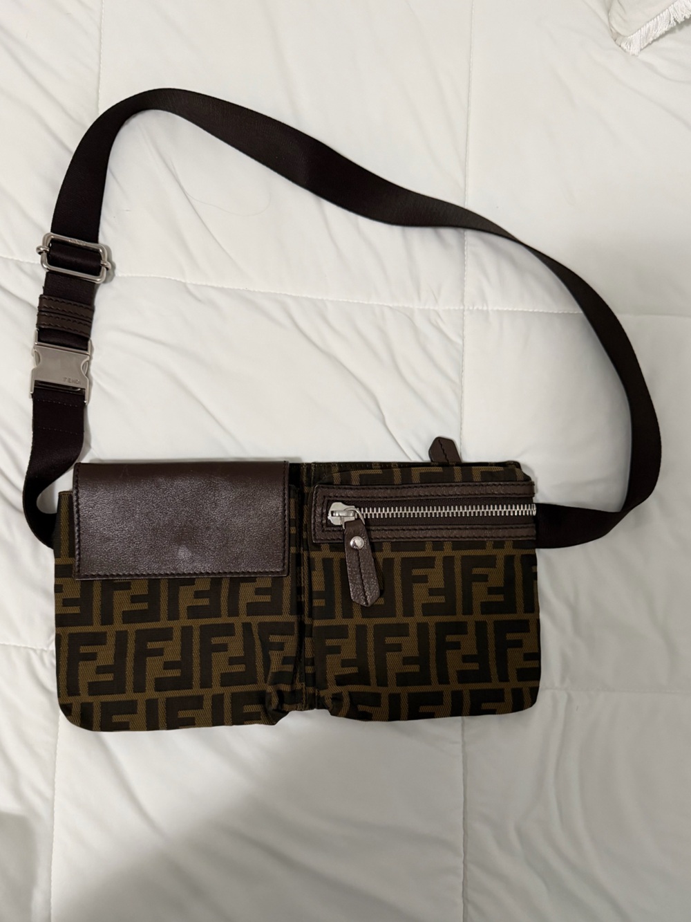 Fendi Brown FF Logo Belt Bag with Dark Brown Leather Trim